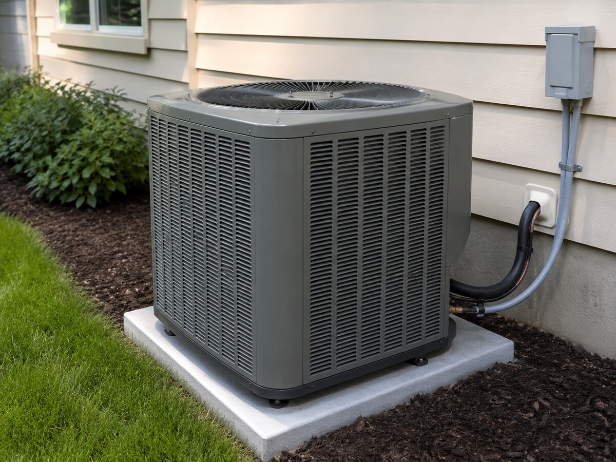 Outdoor air conditioning condenser unit installed on a concrete pad beside a home