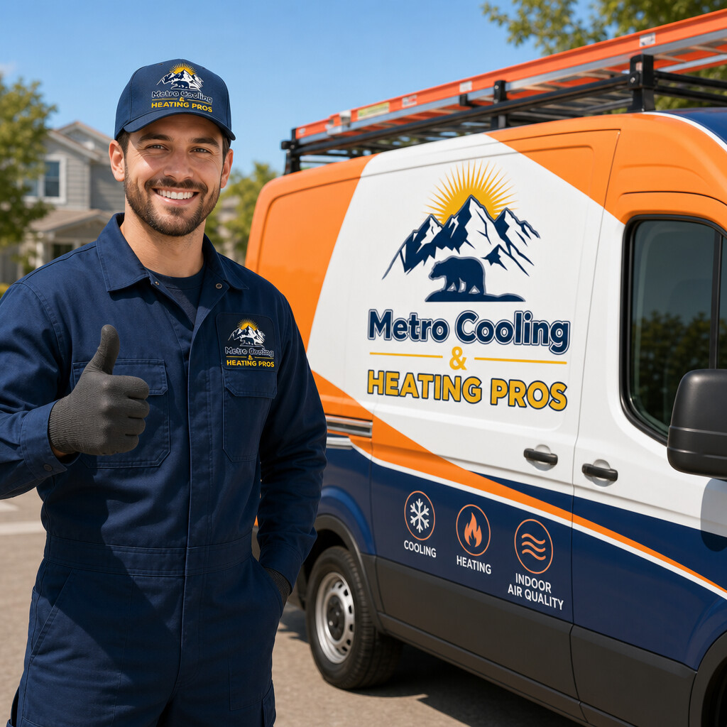 Smiling Metro Cooling & Heating Pros technician giving a thumbs up beside a branded service van